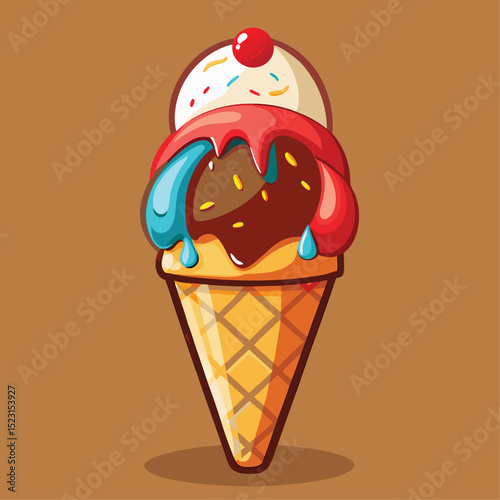 Delicious cartoon illustration of a colorful ice cream cone with cherry topping on brown background