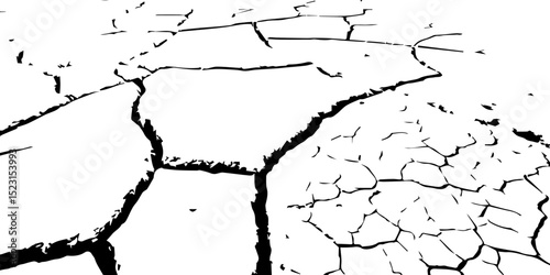 "Create an abstract pattern resembling a dry, barren landscape, with prominent black cracks against a bright white background, viewed from a slightly elevated perspective."