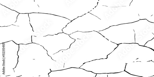 Generate a high-contrast, detailed image of a finely cracked white surface. The cracks should appear as thin, dark lines forming an intricate network across the white background, 