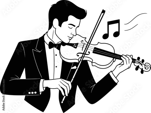 Illustration of violinist playing violin in tuxedo with music notes for classical concert design editable stock vector illustration
