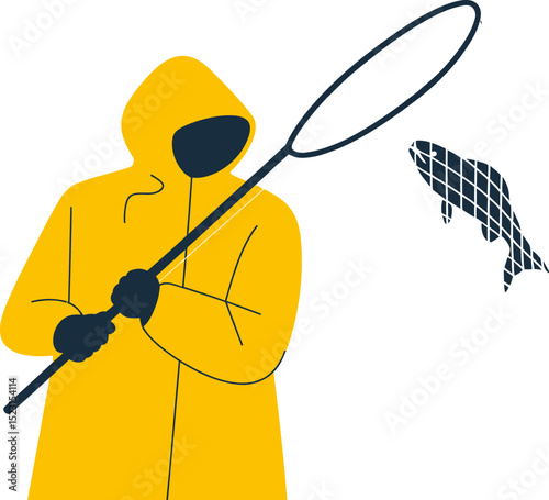 Illustration of fisherman catching fish with net vector art for fishing and outdoor activity design 100 editable stock vector illustration