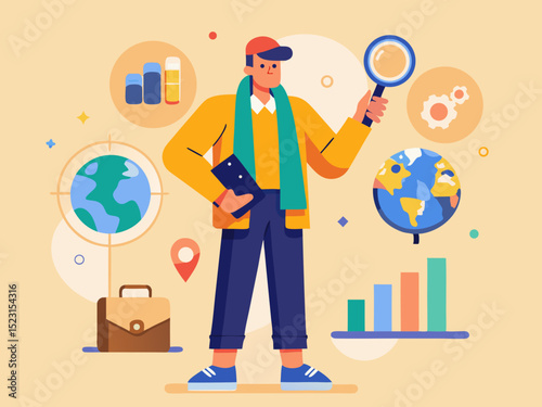 Young Professional Holding Magnifying Glasses Examining Digital Graphs and Global Information Sources