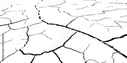 "Create an abstract pattern resembling a dry, barren landscape, with prominent black cracks against a bright white background, viewed from a slightly elevated perspective."