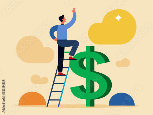Man Reaching Top of Giant Dollar Sign Representing Ambition and Financial Growth