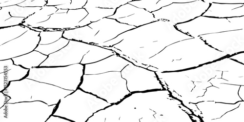 "Create an abstract pattern resembling a dry, barren landscape, with prominent black cracks against a bright white background, viewed from a slightly elevated perspective."