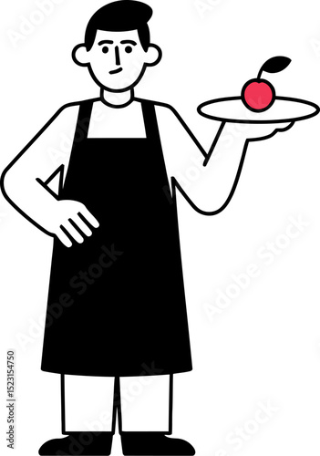 Illustration of waiter serving cherry on plate vector art for restaurant and food related design projects editable stock vector illustration