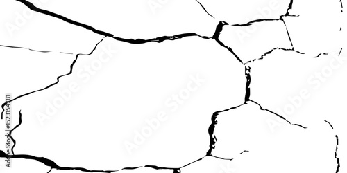 "Create an abstract pattern resembling a dry, barren landscape, with prominent black cracks against a bright white background, viewed from a slightly elevated perspective."