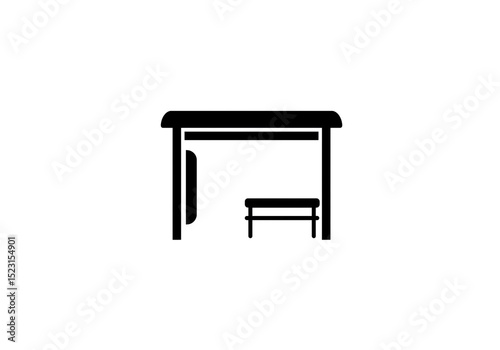 A simple black and white illustration of a bus stop with a bench inside on a white background