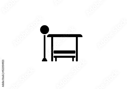A simple black and white illustration of a bus stop with a bench and a sign on a white background