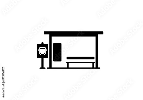 A black and white illustration of a bus stop with a bench and a sign with a bus on it and a window