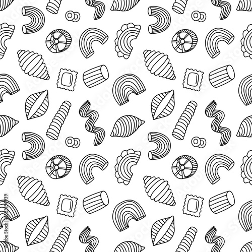 Hand drawn pasta seamless pattern on white background. Macaroni, gnocchi, fettuccine, farfalle, fusilli and conchiglie pattern