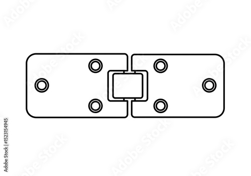 A simple black and white line drawing of a metal hinge with four screw holes on a white background
