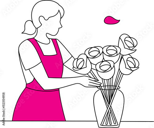 Woman arranging roses in vase florist flower shop floral design delivery service vector illustration art 100 editable stock vector illustration