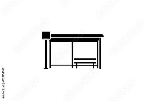 A black and white illustration of a bus stop