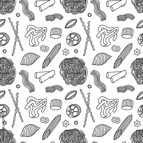 Different kinds of italian pasta seamless pattern. Hand drawn decorative pattern with pasta and noodles