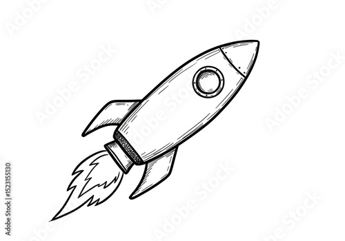 A line drawing of a rocket ship with flames shooting out of the back against a white background