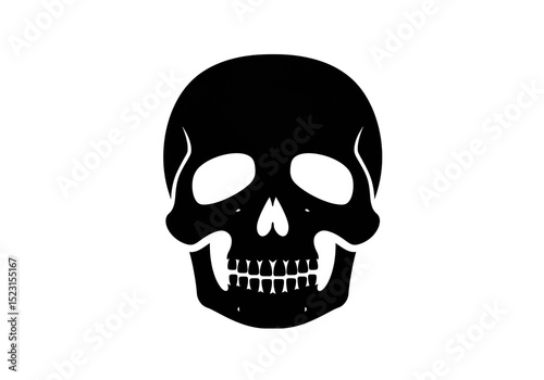 A stark black and white image featuring a stylized skull with prominent teeth on a white background