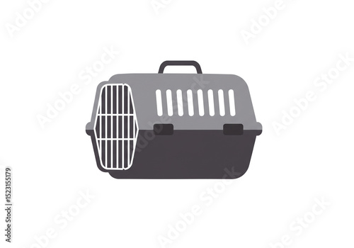 A gray and black pet carrier with a handle on top and vertical slots for ventilation on a white background