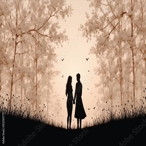 "Silhouette of a couple holding hands, standing still, white background, vector feel"
