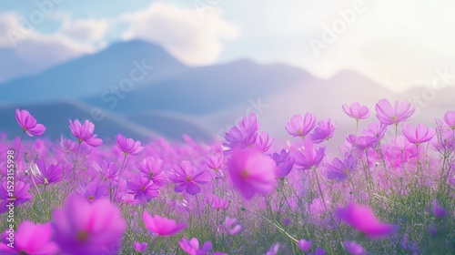 Lush field of pink cosmos flowers  mountains in the background.  Soft light