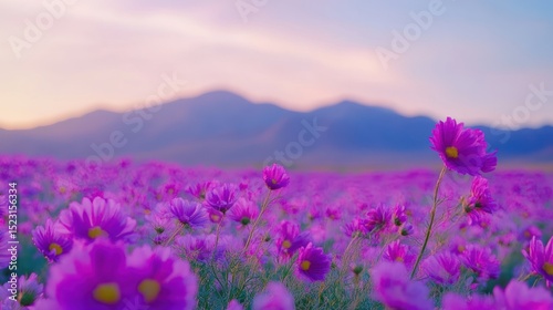 Lush purple cosmos field at sunset