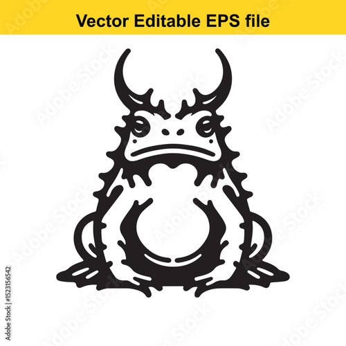 A fierce horned toad illustration in black and white, perfect for tattoo designs or mythical creature artwork.