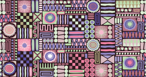 Ethnic seamless pattern with hand drawn geometric shapes. Circles, stripes, triangles, zigzag, dots, flowers in pink, lilac, green, brown colors. Vector colorful endless wallpaper, cover, print.