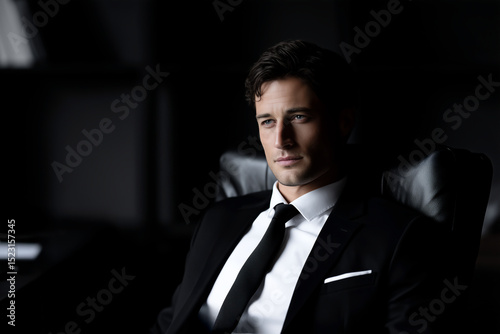 Young Executive in Black Suit Sitting in Modern Office