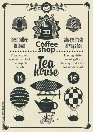 Coffee-themed set with a coffee grinder, coffee maker, cups, teapot, airship, price tags and inscriptions coffee shop, tea house. Suitable for logo, menu, label, sign, store, restaurant, cafe. No ai