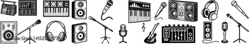 Audio Recording & Music Studio Vector Icons – Microphones, Mixers, Instruments & Speakers Set
