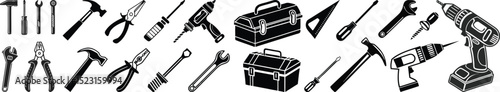 Hand Tools & Workshop Equipment Silhouette Icons – Wrenches, Hammers, Drills, Screwdrivers, Toolboxes
