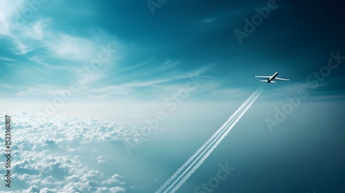 Ethereal depiction of a futuristic aircraft with a delicate condensation trail merging into an expansive, crystal-clear blue sky, emphasizing minimalism and atmospheric balance in aviation