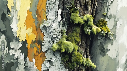 Refined Watercolor Style Artwork Featuring a Mossy Moist Pine Tree Bark Blended into a Fluid Abstract Composition with Dynamic Organic Shapes