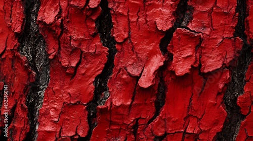 Dramatic Red Tree with Weathered Bark Emphasized by Harsh Daylight and Detailed Trunk Texture in a Lush Natural Setting