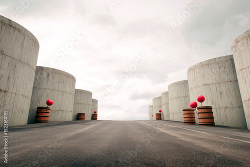Symmetrical industrial landscape with cylindrical tanks and red balloons on barrels under overcast sky