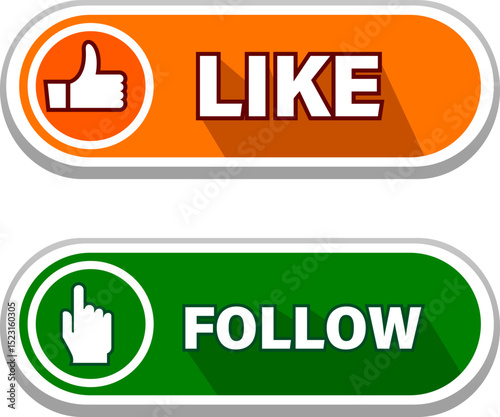 Follow and like buttons set. Set of stickers for a popular social network. Black - blue - pink sticker on white background. Modern advertising social media design. 