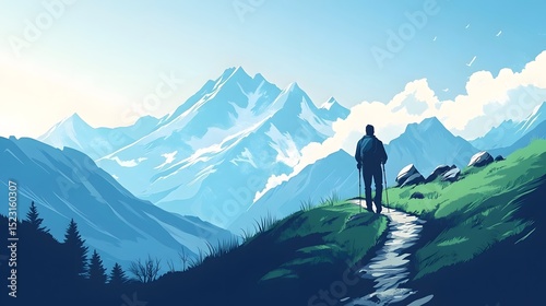 Detailed Vector Graphic Showcasing a Thrilling Mountain Hike with Sweeping Skyline and Dynamic Natural Elements