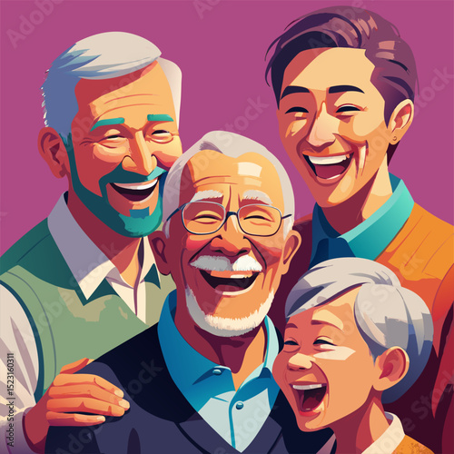 Elderly man laughing with family: heartwarming multigenerational moment with grandchildren