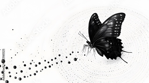 Refined 2D Vector Illustration Showcasing a Detailed Butterfly and Minimalist Dotted Insect Trail with Doodle Overlays