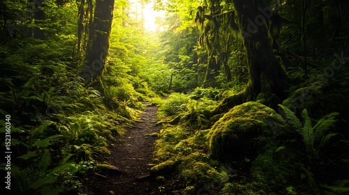 Tranquil Pacific Northwest Forest Expedition: A Meandering Hiking Trail Amidst Diverse Vegetation and Dappled Sunlight