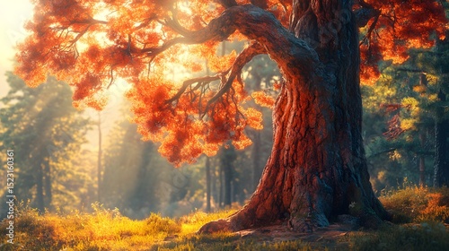 Vibrant Red Ancient Tree with Distinct Rough Bark and Sunlit Trunk Immersed in a Lively Daylight Forest Landscape