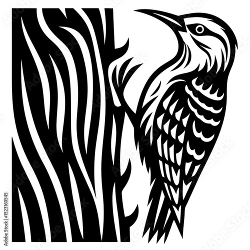 Woodpecker on Tree Trunk Illustration