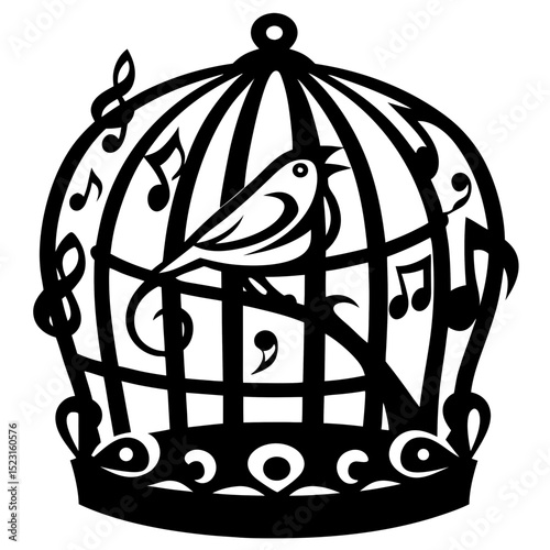 Singing Bird in Cage with Musical Notes
