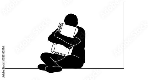  Silhouette of person hugging cardboard box while sitting for loneliness and attachment concept