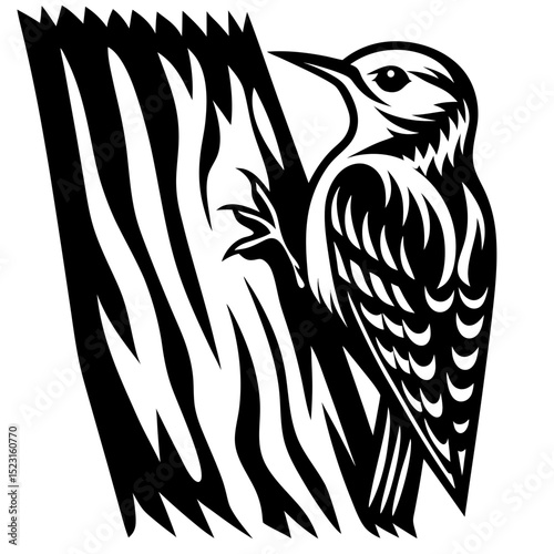 Woodpecker on Tree Trunk Illustration
