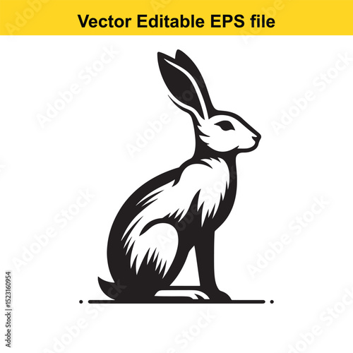 Vector illustration of a sitting hare, black and white silhouette, EPS file