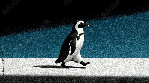   A monochrome penguin strolls on a striped blue and white background with another black and white stripe