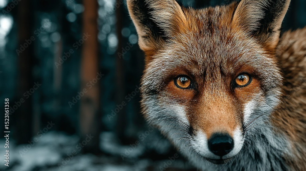 Fototapeta premium A close-up of a fox's face against a wooded area with snow on the ground