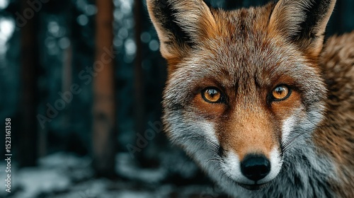   A close-up of a fox's face against a wooded area with snow on the ground