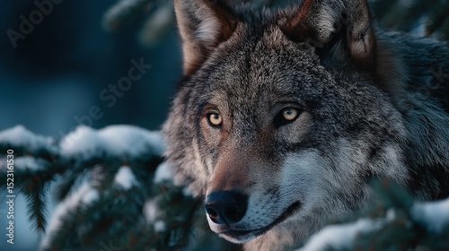   Wolf face on tree branch, snowy ground, forest background